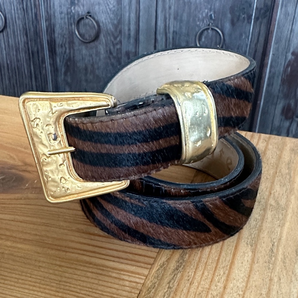 Vintage Elite Fresno California belt cowhide in black and brown zebra print. EUC